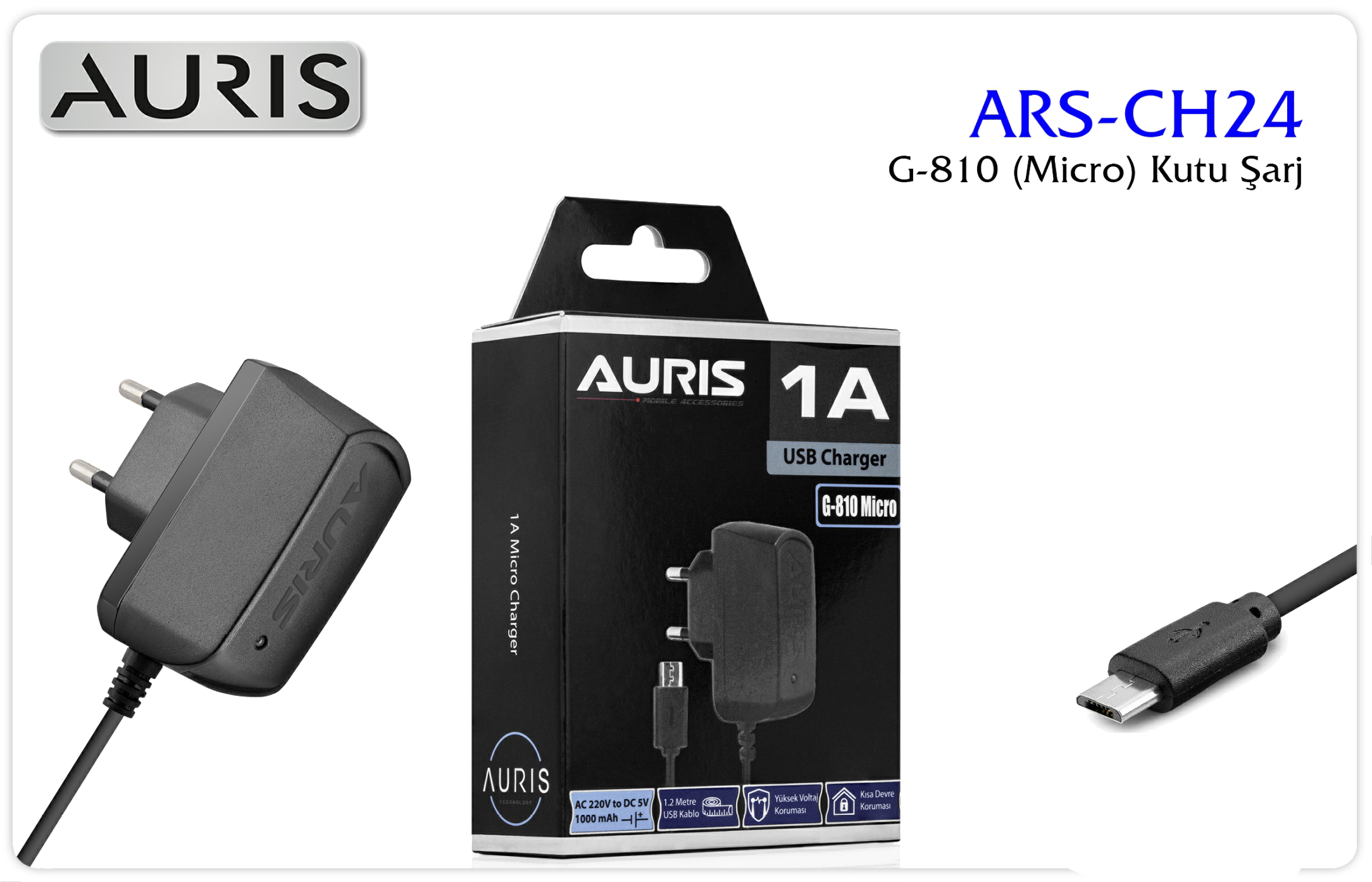 Auris CH24 G810 Kutu Şarj - 1A Micro USB Hızlı Şarj Adaptörü + 1-2m Kablo